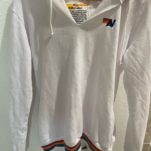 White V-Neck Hoodie with Rainbow detailing